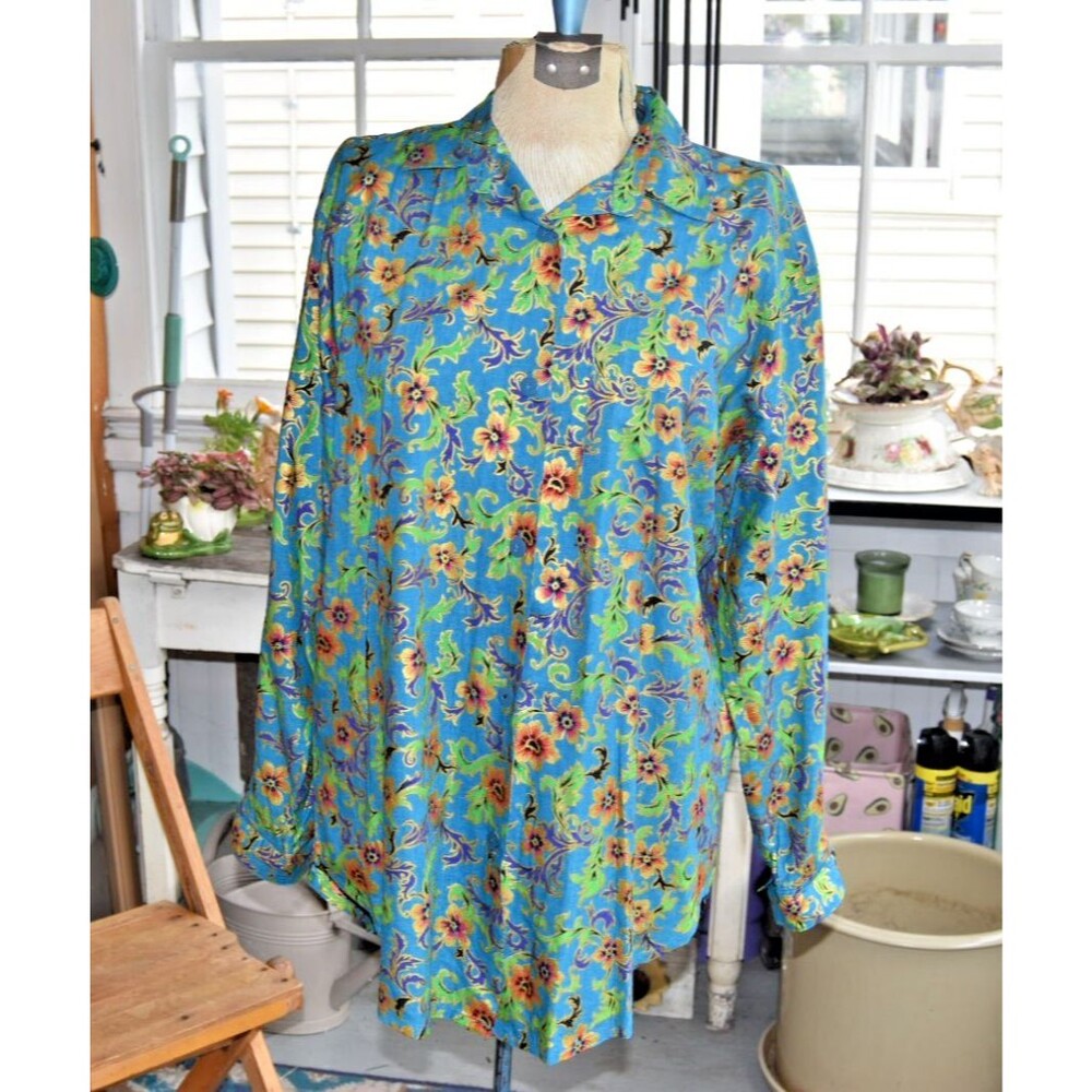 Vtg 80s Passports Pier 1 Imports Floral Metallic Button-down Shirt Blue Large